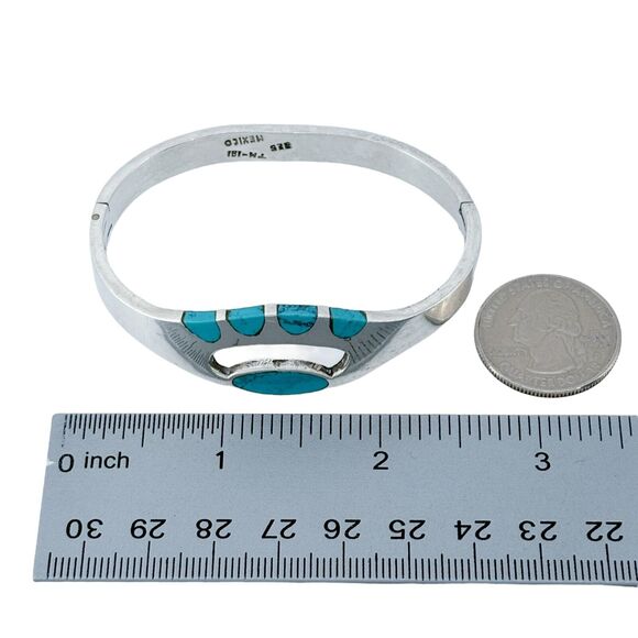 Vintage Mexico Taxco TM-181 Sterling Silver Turquoise Inlay Bangle Bracelet 6.5" - Picture 8 of 8